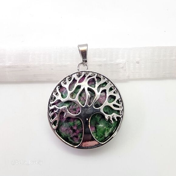 Ruby in Fuchsite Wrap Tibetan Silver Toned Round Tree of Life Pendant 1.5" - Picture 2 of 3